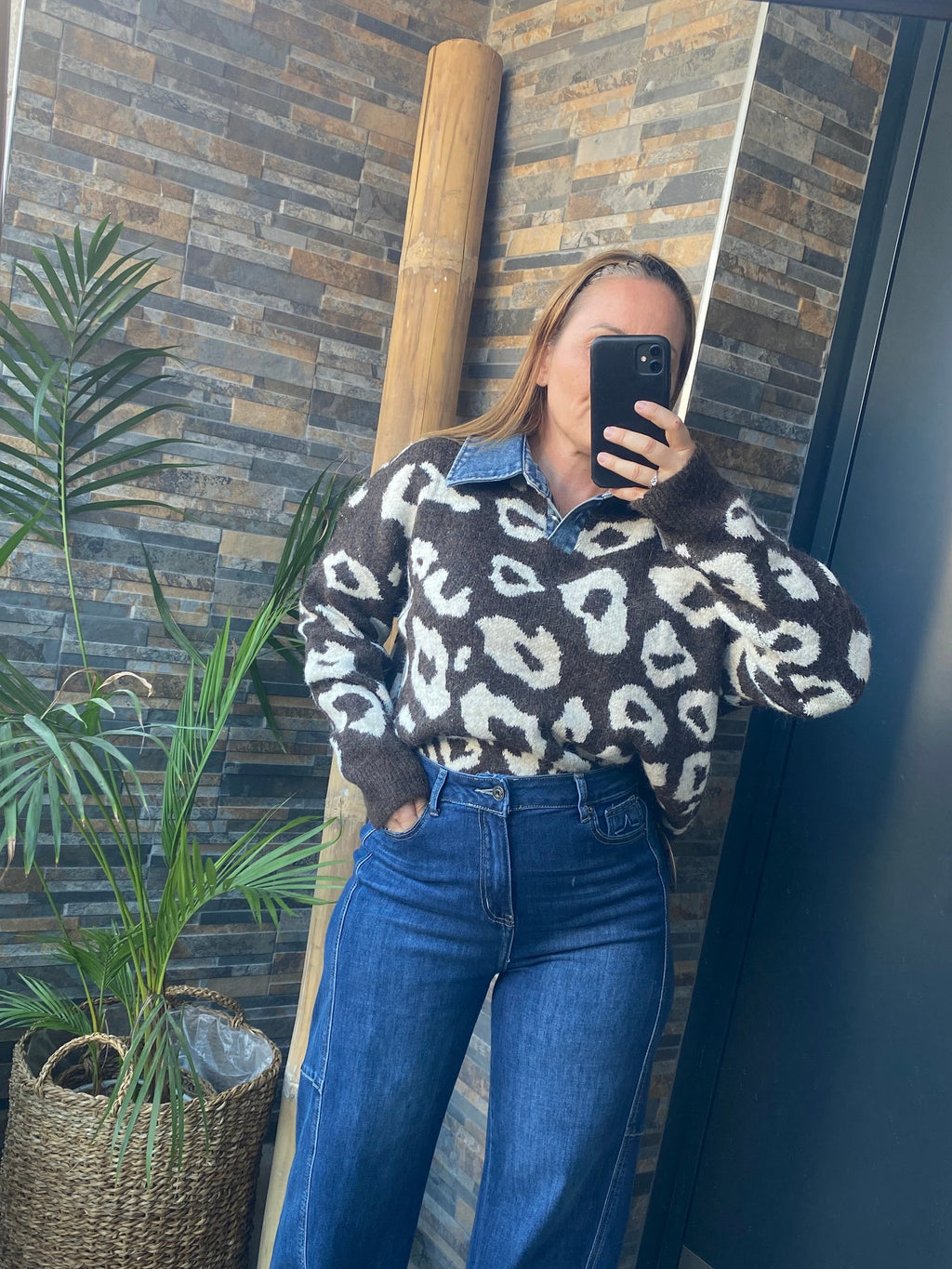 Pull Oversize Léopard Col Chemise Intégré