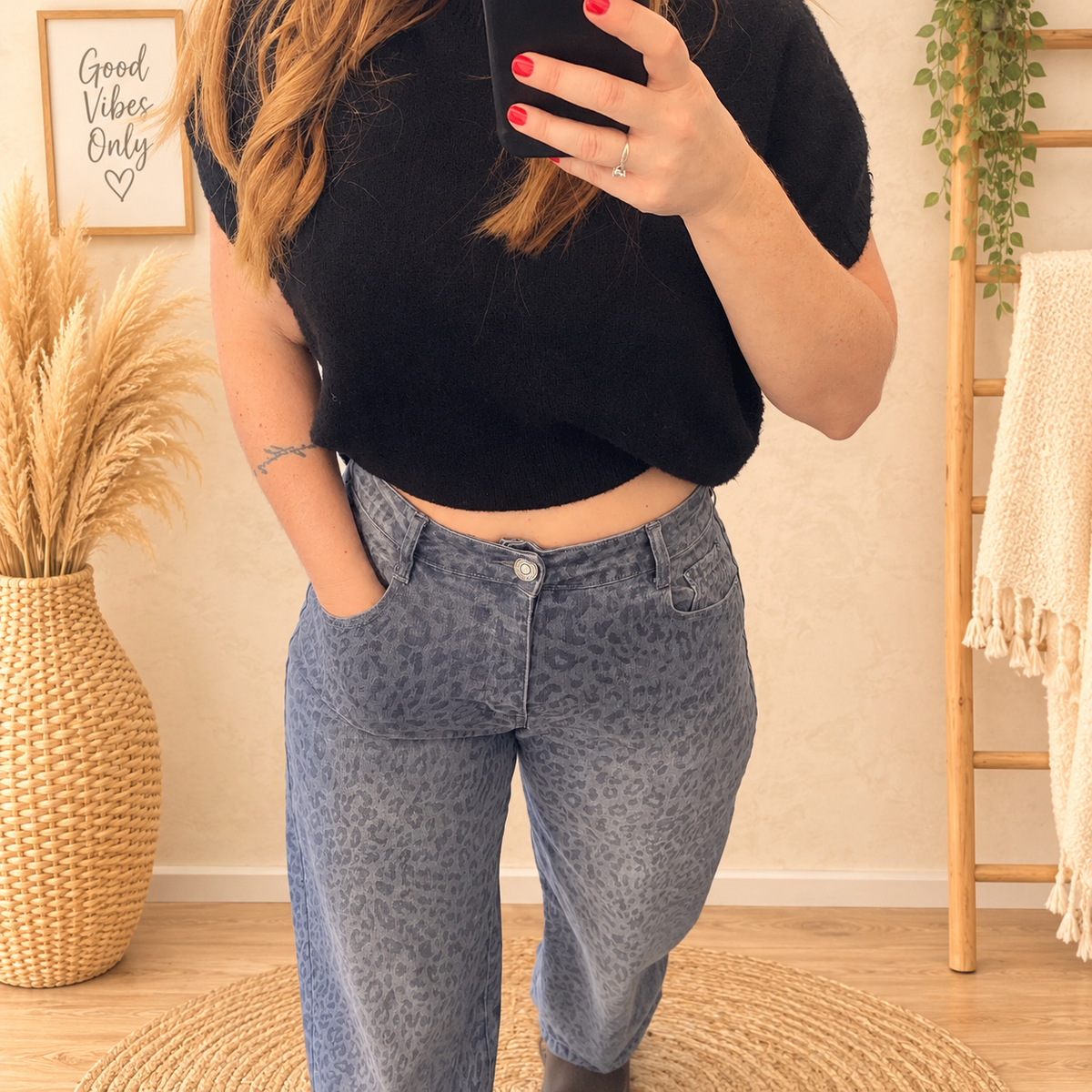 Jean Large Imprimé Léopard Denim