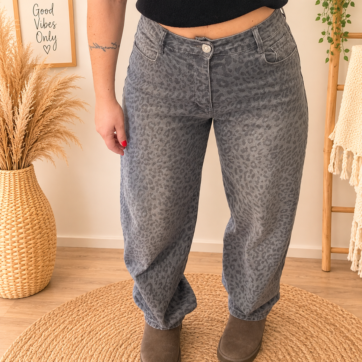 Jean Large Imprimé Léopard Denim